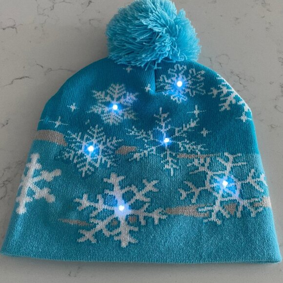 Snowflake Pattern Knit Toque w Pom Pom & 3 Way Lighting Mechanism Blue Sz OS - Picture 1 of 7